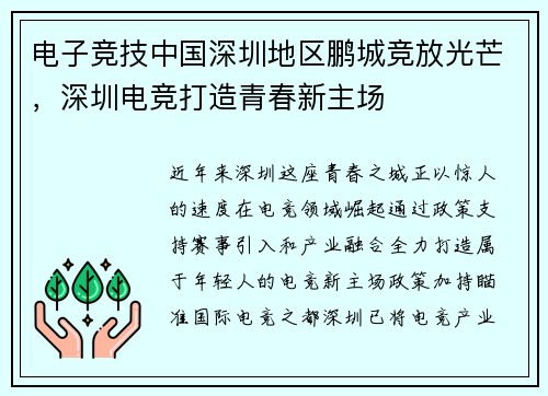 电子竞技中国深圳地区鹏城竞放光芒，深圳电竞打造青春新主场